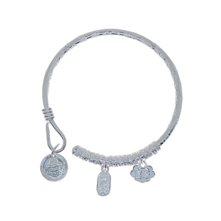 足银9999纯银串珠盘缠银手镯女平安喜乐财神吉言锤纹实心银镯子礼