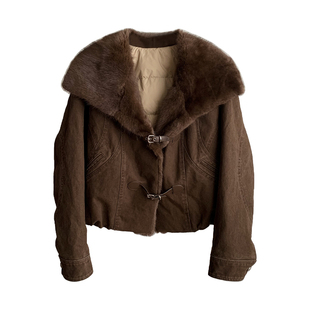 青根貂水洗牛仔外套2025新款90鹅绒羽绒服派克服短款皮草外套女冬