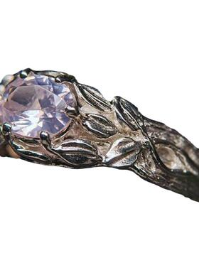 纯银玫瑰石英镶嵌花卉银叶戒指