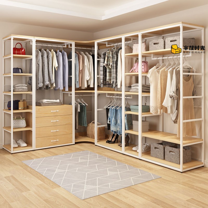 步入式衣帽间钢木金属组合衣柜家用卧室开放式自制框架落地式架子