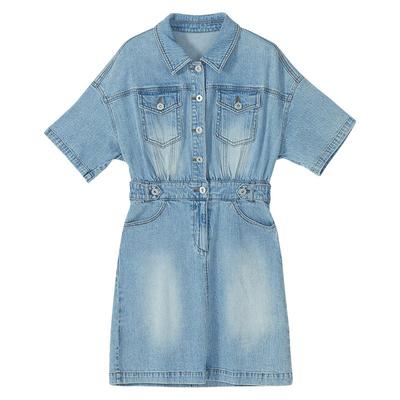 谜底2022秋新品通勤文艺复古休闲工装风牛仔连衣裙223ML1015