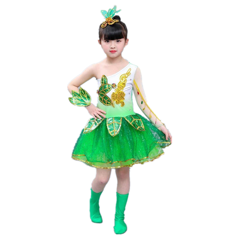 儿童演出服装春晓小草合唱服茉莉花舞蹈服绿幼儿茉莉花开蓬蓬裙
