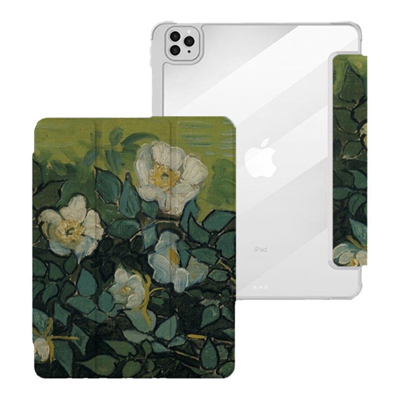 彩绘野玫瑰ipad9苹果平板保护套ipad5/6保护壳ipad10代带笔槽防摔min4/5air3/2/1全包ipadp
