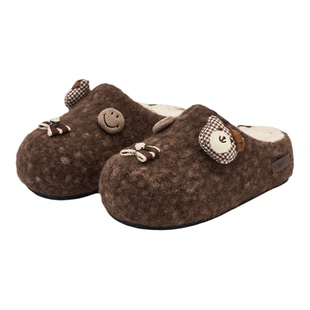SMILEY笑脸毛绒冬季女浅棕小熊毛毛穆勒拖鞋勃肯外穿一脚蹬厚底