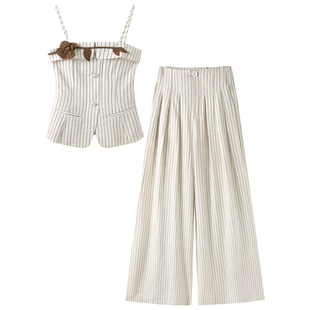 时尚百搭高级感气质两件套装女春夏季新款减龄复古吊带上衣阔腿裤