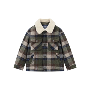TeenieWeenie Kids小熊童装25年新秋冬男童复古格纹短款毛呢大衣