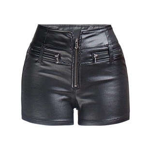 拉链女休闲修身显瘦短款皮裤Ladies Casual Leather Short Pants