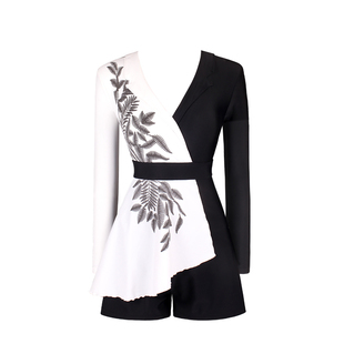 凯迪龙黑白撞色温泉连体长袖游泳衣前身拉链防晒保守性感三角泳装