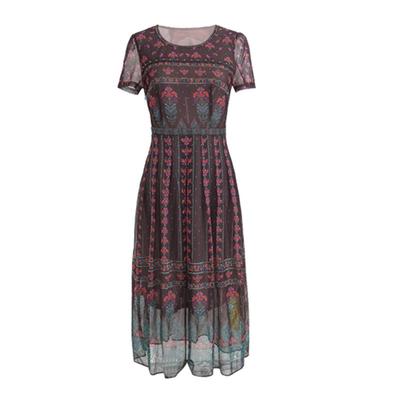 马天奴印花网布收腰短袖连衣裙