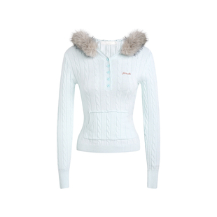 Kroche  毛绒冬日 可拆卸毛领麻花长袖打底针织衫