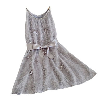 名媛气质A字毛毛流苏挂脖连衣裙