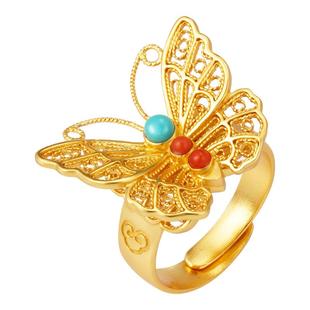 蝴蝶纯银戒指非遗花丝镂空古法镶嵌多宝石银鎏金新中式轻奢银指环