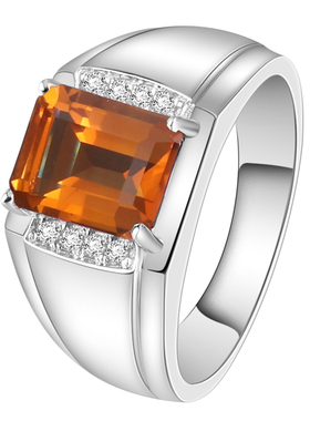 天然黄水晶925纯银镀金戒指男