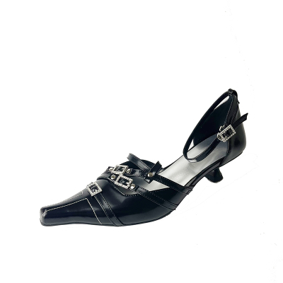 vintage法式复古水钻铆钉猫跟