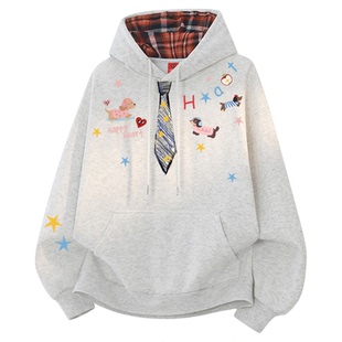 查尔斯桃心美式格子卫衣男连帽领带涂鸦印花加绒加厚新款情侣上衣