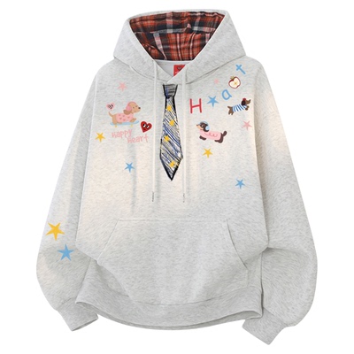 查尔斯桃心加绒格子卫衣男连帽