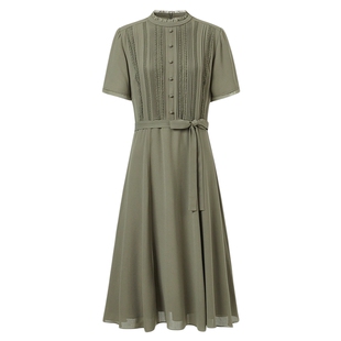 VGRASS维格娜丝夏季新款轻盈变化乔其蕾丝镶拼复古收腰长连衣裙女