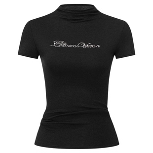 CLIMAX VISION烫钻logo舒弹凉爽基础短袖小高领修身收腰正肩T恤女