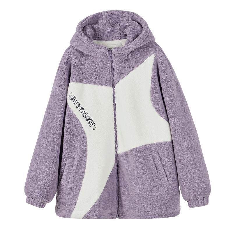 羊羔毛加厚连帽休闲拼接绣花棉服