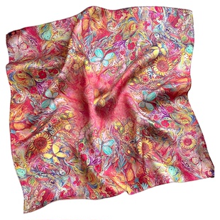 油画红色小方巾丝巾妈妈款系脖高级感领巾真丝桑蚕丝围巾杭州丝绸