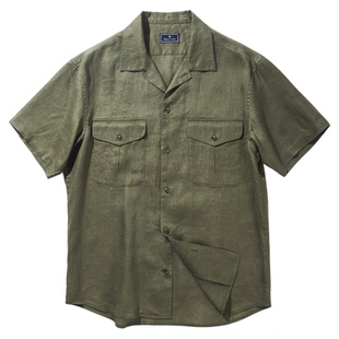 艾比路25夏季纯亚麻意式复古OG-107军事古巴领成衣洗水短袖衬衫男