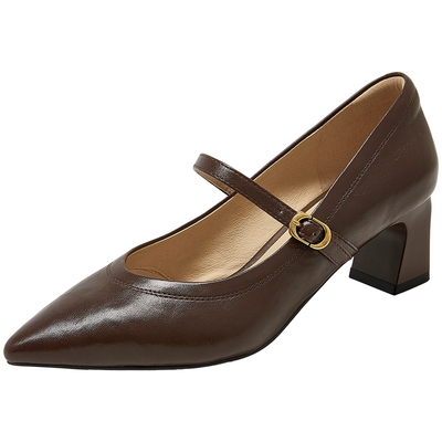 康莉粗跟玛丽珍女羊皮真皮