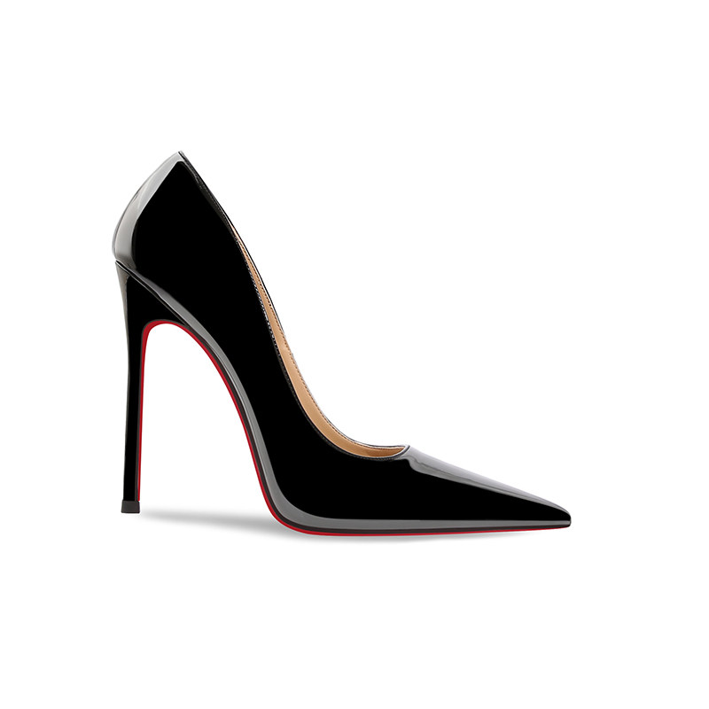 缪南黑色漆皮红底尖头细跟单鞋女