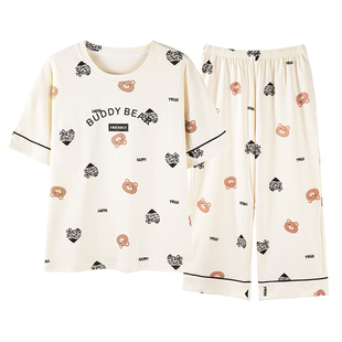 睡衣女纯棉夏季短袖七分裤大码2026年新款夏天全棉家居服套装