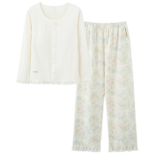 思莉太太2025新款睡衣女春秋纯棉长袖小个子带胸垫纯欲碎花正肩