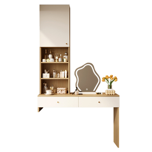 原木奶油风卧室飘窗化妆桌梳妆台一体靠墙小户型书桌收纳实木定制