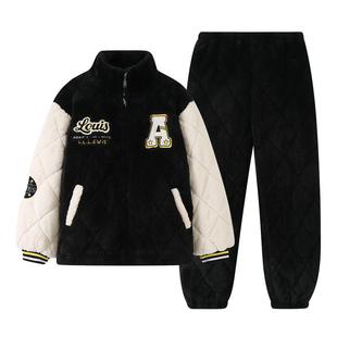 浪莎珊瑚绒睡衣情侣冬款三层夹棉加绒加厚拉链冬季女款男士家居服