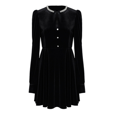 DPLAY【轻奢闪钻系列】2025年冬季新款黑色蝴蝶结镂空连衣裙女