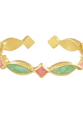 纯银镀黄金色小桃星戒指女开口可调节彩色珐琅食戒新中式少女高级