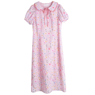 甜美风印花刺绣收腰长裙胖莹莹大码女装夏季娃娃领开叉碎花连衣裙