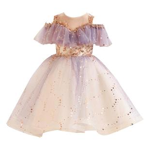 女童拖尾紫色礼服轻奢花童婚礼考级主持人演讲儿童钢琴演出服大童