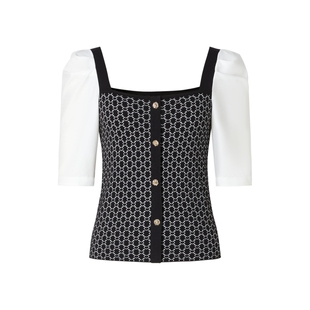 MOISSAC摩萨克秋装法式气质方领拼接毛衫中袖套头毛针织衫上衣女