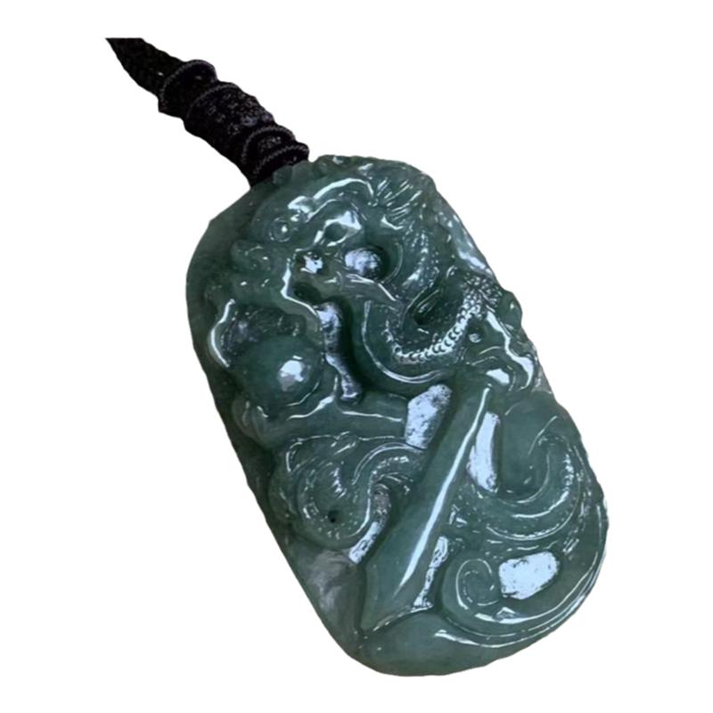 缅甸翡翠吊坠翠深油青绿色龙牌