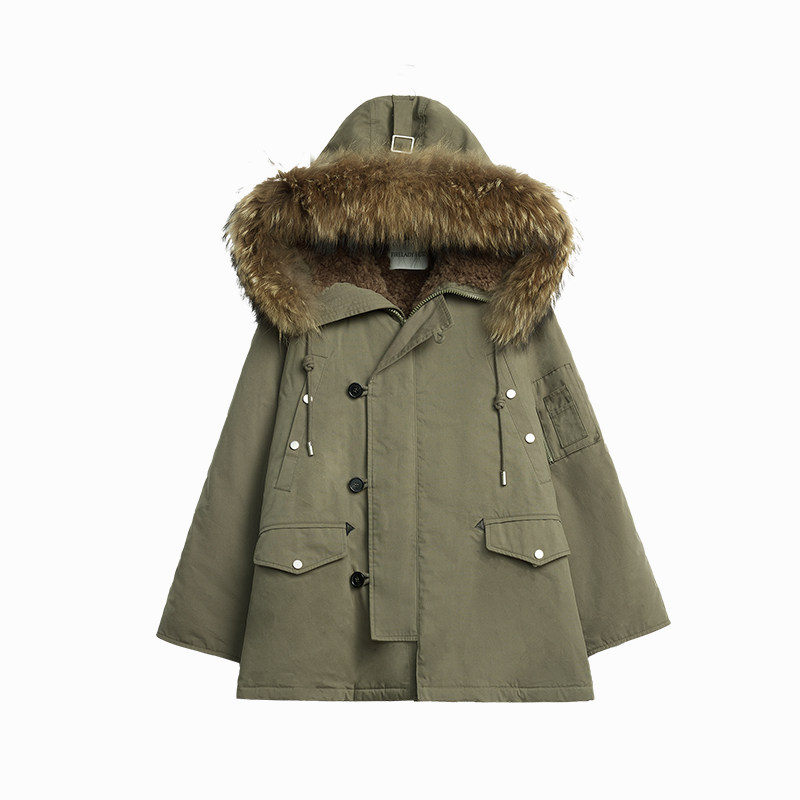 付智恩outlets 工装连帽貉子毛领派克羽绒服外套女冬|沿海公路