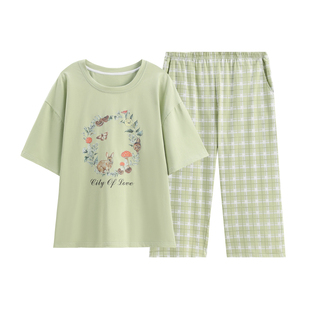 芬腾女士纯棉睡衣夏季短袖七分裤套装薄款舒适绿格睡裤宽松家居服