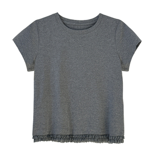 春也白 下摆蕾丝花边灰色气质正肩圆领短袖T恤女夏新款设计感上衣