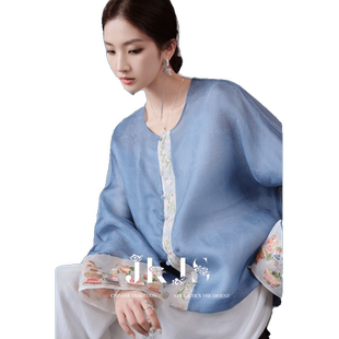 JKJS欧根缎衬衫轻薄微透 重工花朵刺绣新中式外套国风设计感上衣