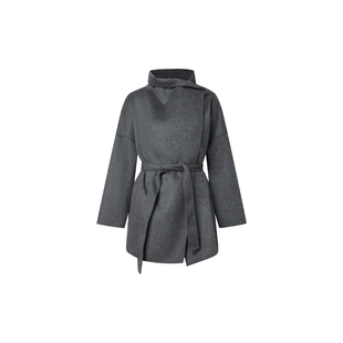 HUI卉山羊绒绵羊毛丝毛暮云灰新中式显瘦围裹式双面毛呢外套大衣