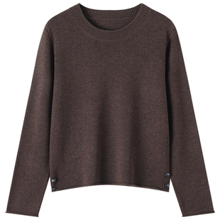 100%精纺丝光羊毛衫女圆领侧扣短款厚毛衣2025秋冬新款针织打底衫