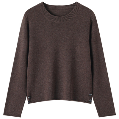 100%精纺丝光羊毛衫女圆领侧扣短款厚毛衣2025秋冬新款针织打底衫