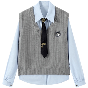 慕兔2026春新品学院风蓝色polo领衬衫小个子刺绣针织马甲两件套装