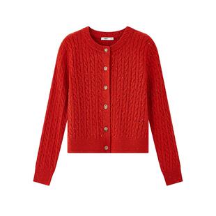 三福红色开衫2026新款春季彩点纱圆领宽松披肩毛衣上衣女装516026