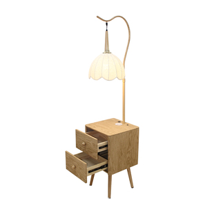 奶油原木风卧室置物架落地灯沙发边几茶几床头柜一体客厅装饰台灯