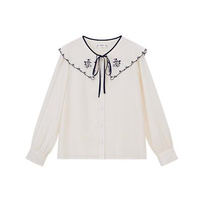 PIT复古娃娃领荷叶袖刺绣花衬衫女2025春装新款设计感长袖娃娃衫
