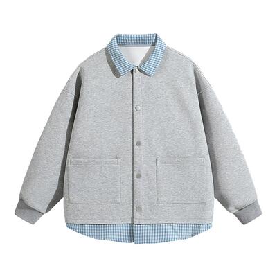 胖胖哥470g空气棉格纹假两件开衫卫衣男春季拼接大码宽松夹克外套