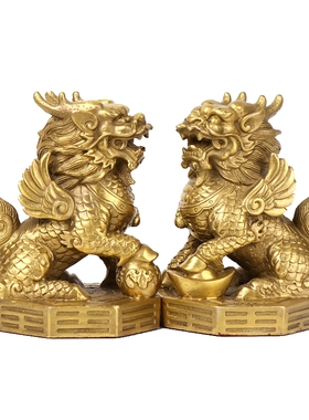 福来阁全黄铜麒麟摆件中式工艺品